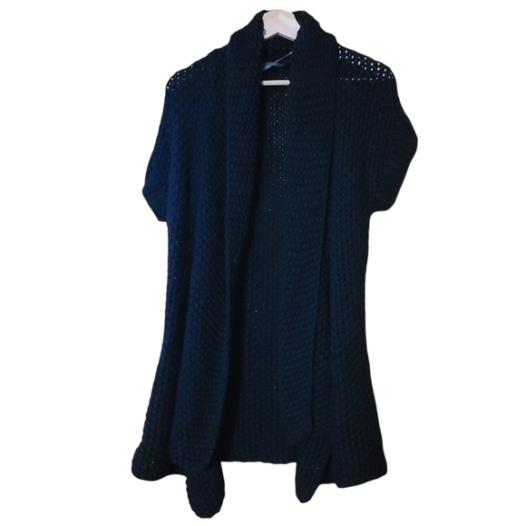 Cassis black short-sleeved wool  long opened cardigan sweater - Picture 1 of 12